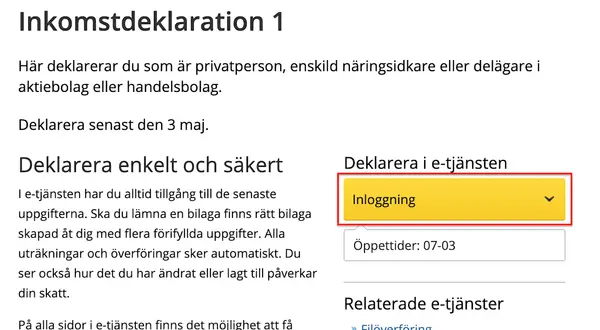 Här ser du hur deklarerar man sin inkomstdeklaration. Klicka på "Inloggning" för att komma igång.
