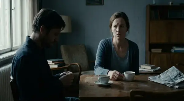 En kvinna och en man sitter vid ett bord med kaffe. Mannen tittar ner, kvinnan ser orolig ut. En känsla av triangulering och narcissism hänger i luften.