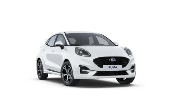 Vit Ford Puma Hybrid Automat, en modern SUV med sportig design.