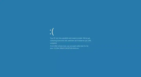 Pantalla azul de Windows con un :( y mensaje de error: SYSTEM_SERVICE_EXCEPTION. Un proceso crítico murió.
