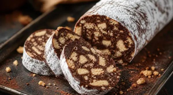 Salame dolce con cacao, un rotolo di cioccolato e biscotti sbriciolati, spolverato di zucchero a velo, pronto per essere gustato.