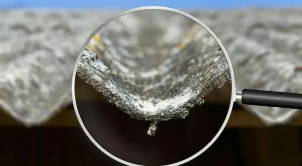Zbliżenie na falistą, szarą płytę eternitową, pokazujące jej chropowatą teksturę i fragmenty porostów. Tak wygląda azbest pod lupą.