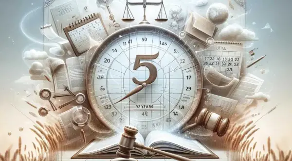 Orologio con numero 5, bilancia della giustizia, martelletto e documenti legali. Simboleggia la prescrizione accertamento vendita immobile e i tempi della giustizia.