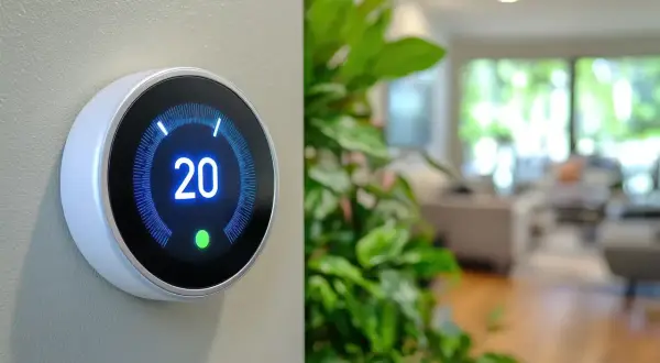 Thermostat connecté affichant 20°C, prêt à gérer la température de votre poêle à granulés pour un confort optimal.