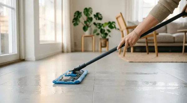 Eine Person reinigt mit einem Mopp den Boden. Die grauen Bodenfliesen glänzen nach der Reinigung.