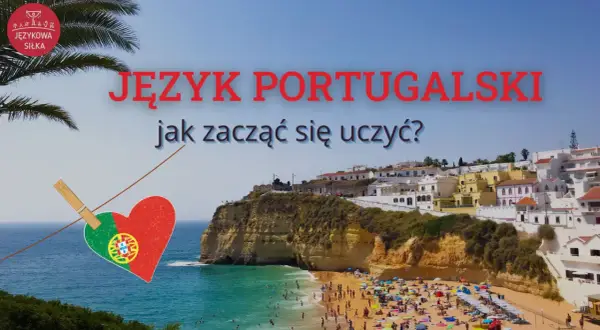 Język portugalski podstawy: serce z flagą Portugalii na tle słonecznej plaży i białych domów. Jak zacząć naukę?