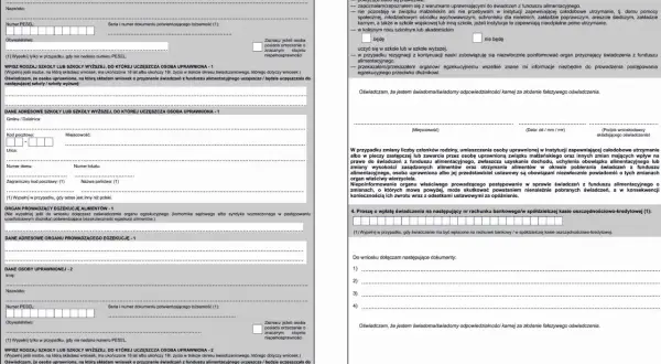 Formularz wniosku o świadczenia z funduszu alimentacyjnego. Wypełnij dane osoby uprawnionej, szkoły i oświadczenia.