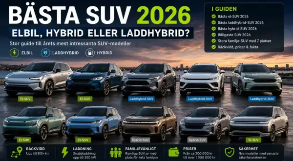 Guide till bästa laddhybrid SUV 2026. Flera modeller visas, från eldrift till hybrid.