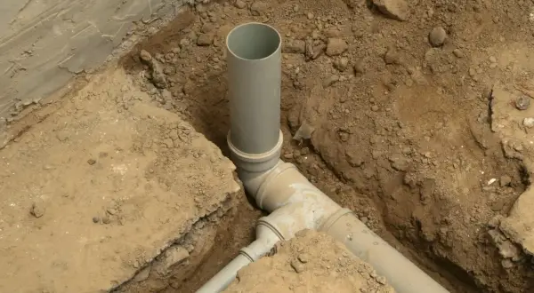 Fragment budowy kanalizacji. Szare rury kanalizacyjne ułożone w wykopie, otoczone ziemią i fragmentem betonowej ściany.
