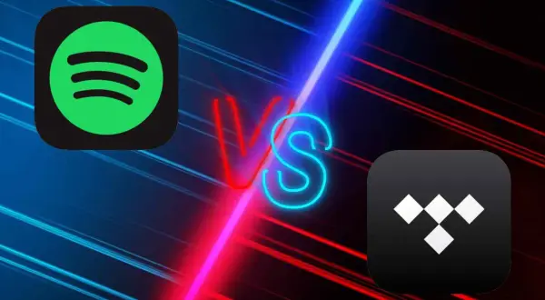 Logo Spotify i Tidal obok siebie, z napisem "VS" pośrodku, na tle neonowych linii.