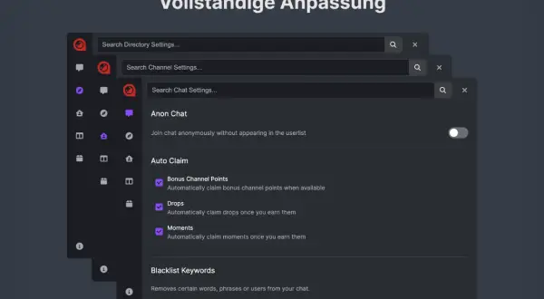 Einstellungen für ein besseres Twitch TV-Erlebnis: Anonym im Chat, Auto-Claim für Punkte, Drops & Momente, Blacklist.
