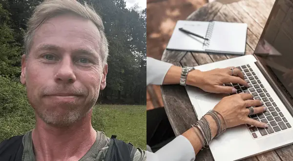 Man i naturen och händer som skriver på laptop. Detta visar vad frilansare betyder: frihet att arbeta var som helst.