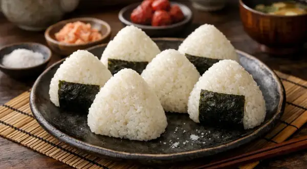 Sju onigiri, risbollar med nori, ligger på en tallrik. Perfekt för en snabb måltid, med tanke på ris koktid.