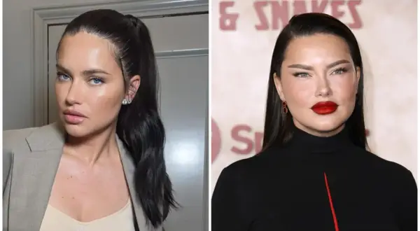 Adriana Lima, icónica modelo, luce radiante en dos estilos: uno con coleta alta y blazer, y otro con labios rojos intensos y pendientes de rubí, evocando su estilo de los 2000.