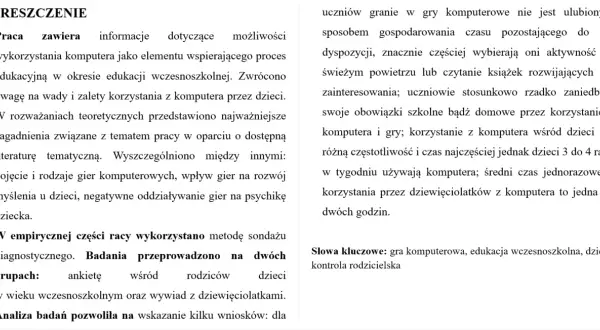 Streszczenie pracy o grach komputerowych w edukacji wczesnoszkolnej. Analiza wpływu na dzieci, badania, bibliografia strony internetowe.