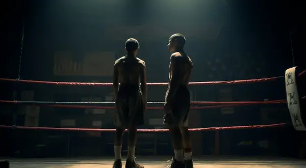 Two young boxers stand in a dimly lit ring, ready for their boxing strength and conditioning training.