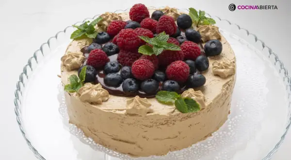 Tarta de moka cubierta de crema de café, decorada con frutos rojos, arándanos y hojas de menta. ¡Una delicia!