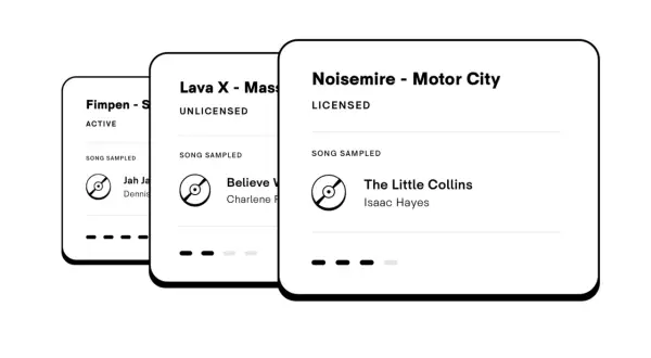 Three music cards show song titles and sampling status. One card, "Noisemire - Motor City," is licensed. Another, "Lava X - Mass," is unlicensed. The third, "Fimpen - S," is active. This visual helps understand how to clear a sample.