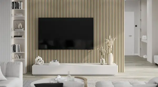 Nowoczesny salon z telewizorem na tle lameli. Dowiedz się, jak zamontować lamele na filcu, by stworzyć taką aranżację.