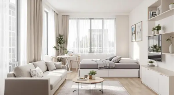 Jak urządzić pokój dzienny z sypialnią 20m2: jasna sofa, łóżko, stolik kawowy i TV.