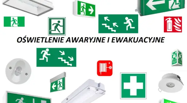 Znaki oświetlenia ewakuacyjnego, gdzie jest wymagane, wskazują drogi ucieczki i bezpieczeństwo.