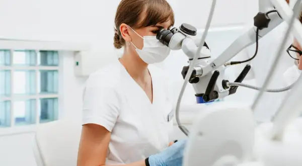 Dentystka bada zęby pod mikroskopem. Nieleczona próchnica może prowadzić do poważnych problemów.