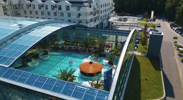 Relaks w basenie pod szklanym dachem w Kielcach Binkowski. Tropikalne rośliny, bar i jacuzzi tworzą wakacyjny klimat.