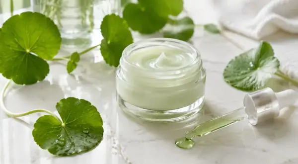 Grüner Tiegel mit Cica-Creme und Pipette, umgeben von frischen Blättern. Cica ist bekannt für seine beruhigenden Eigenschaften.