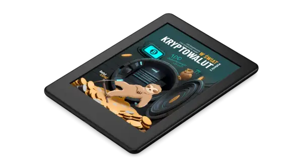 Na ekranie czytnika e-booków widać grafikę z leniwcem na stosie złotych monet i hasłem "Kryptowaluty jak zarobić".