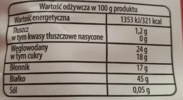 Tabela wartości odżywczych dla produktu: energia, tłuszcz, węglowodany, błonnik, białko, sól.