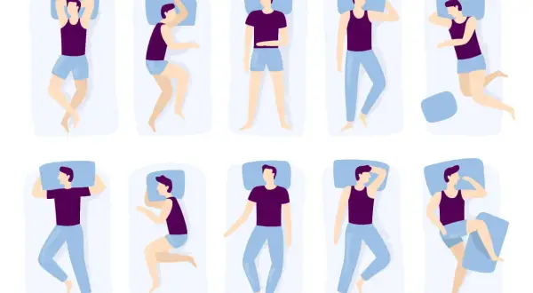 Illustrations of men in various sleeping positions. Some suggest the best sleeping position for heart palpitations involves side sleeping.