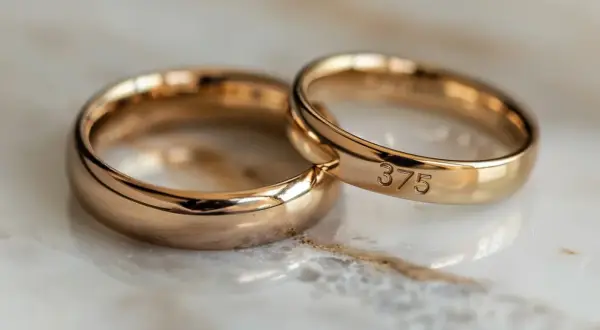 Dwa złote obrączki, jedna z wygrawerowaną próbą złota 375, symbolizujące wieczną miłość.