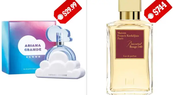 Ariana Grande Cloud za 29,99$ i jego droższy zamiennik Baccarat Rouge 540 za 744$.