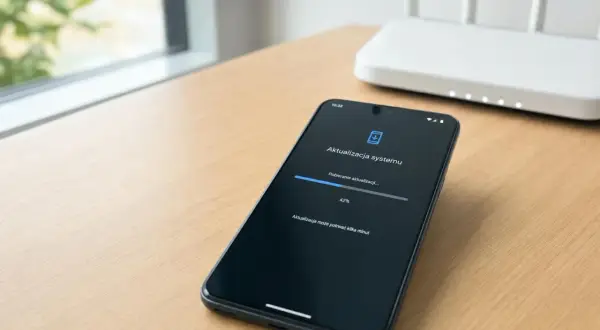 Telefon z ekranem pokazującym pobieranie aktualizacji systemu Android. Proces trwa, 42% pobrano.