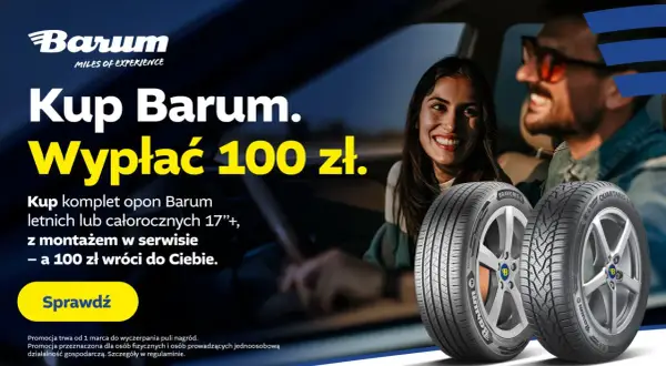 Szczęśliwa para w samochodzie cieszy się z promocji na opony Barum. Kupując komplet, otrzymasz 100 zł zwrotu.