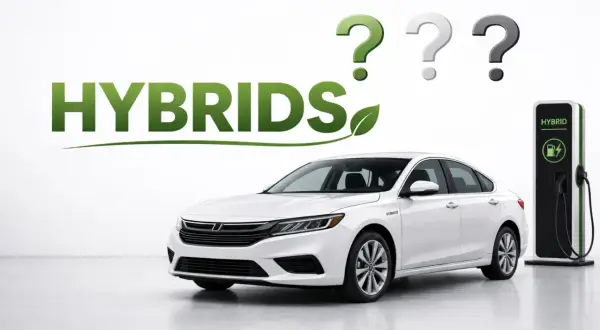 Vit tysk bil vid laddstation. Frågetecken ovanför texten "HYBRIDS".