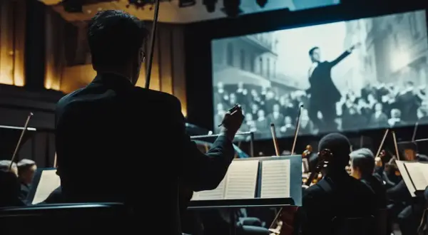 Conductor leads an orchestra playing music needed for film, with a silent movie projected behind them.