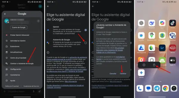 L'image montre comment désactiver l'assistant Google. On voit les options pour choisir entre Gemini et l'Assistant Google, puis une confirmation pour changer.