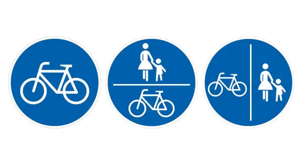 Drei blaue Verkehrsschilder: Fahrrad, getrennter Radweg markierung für Radfahrer und Fußgänger, und kombinierter Rad- und Fußweg.