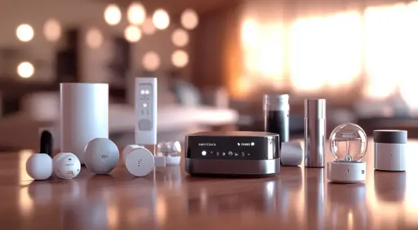 Le **SmartThings Hub** au centre, entouré de capteurs et d'une ampoule connectée, promet une maison intelligente simplifiée.