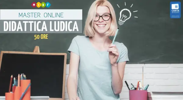 Giovane insegnante con lampadina disegnata, simbolo di creatività a scuola. Master online in Didattica Ludica.