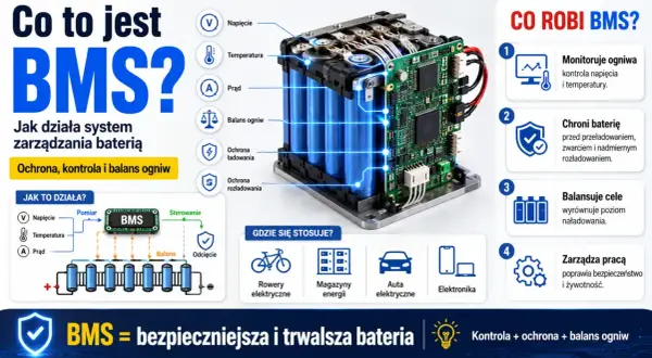 BMS to system zarządzania baterią, który monitoruje napięcie, temperaturę i prąd, chroniąc ogniwa przed uszkodzeniem. Zapewnia bezpieczeństwo i trwałość.