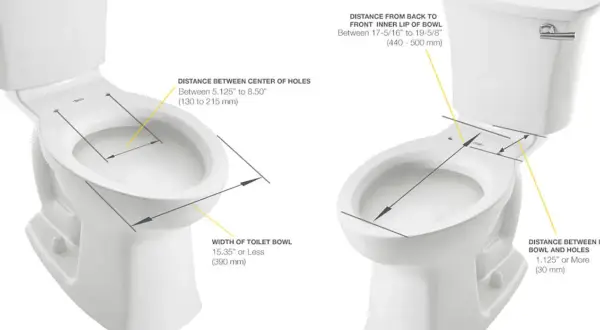Diagram showing how to measure a toilet, detailing bowl width, distance between bolt holes, and distance from tank to bowl lip.