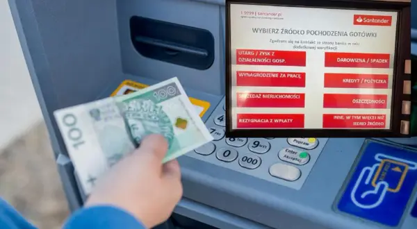 Wpłatomat Santander Euronet. Dłoń z banknotem 100 zł wybiera źródło gotówki na ekranie.