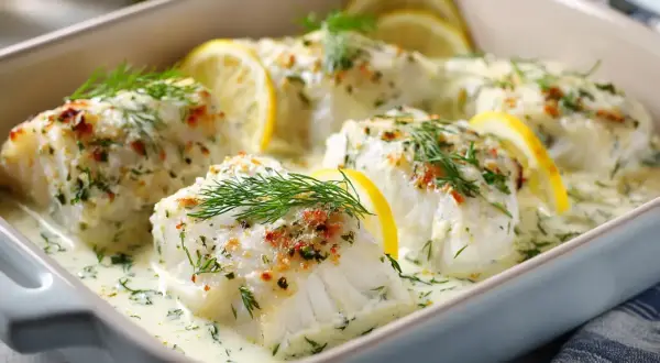 Ugnsbakad torskrygg i krämig sås med citron och dill. En perfekt innertemp för en saftig fiskrätt.