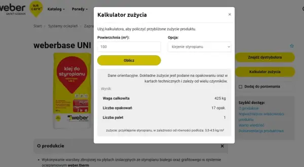 Kalkulator zużycia kleju do styropianu Weber. Oblicza ile wiader tynku na 200m2, podając wagę i liczbę opakowań.