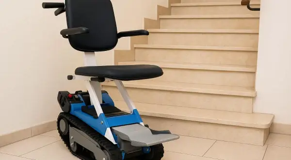 Un robot montascale blu e grigio, con sedile nero, pronto ad affrontare le scale di marmo.