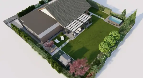 Nowoczesna aranżacja ogrodu z basenem, pergolą i starannie zaprojektowaną zielenią.