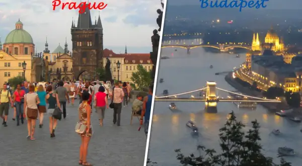 Vänster bild: Prag med Karlsbron och folk. Höger bild: Budapest med upplysta broar och parlamentsbyggnaden i kvällsljus.