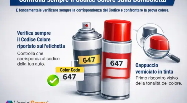 Due bombolette spray, una grigia e una rossa, mostrano il codice colore 647. Il rosso Ferrari, codice colore 647, è perfetto per il ritocco.